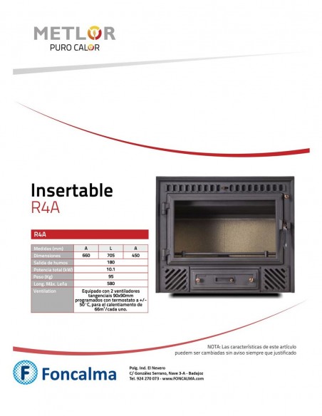 Insertable Leña Metlor R4A C/Turbina 70,5 cm 9,7 kW